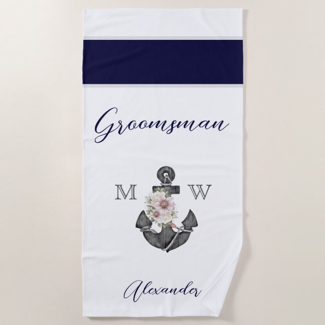 Nautical Wedding Floral Anchor Navy Grey Groomsman Beach Towel (Front)