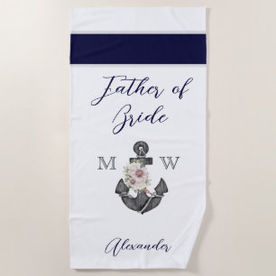 Nautical Wedding Floral Anchor Navy Grey Groomsman Beach Towel