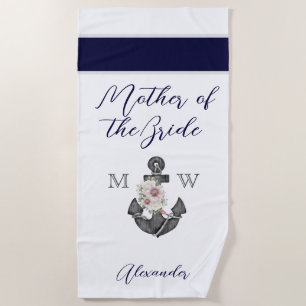 Nautical Wedding Floral Anchor Navy Mother of  Beach Towel