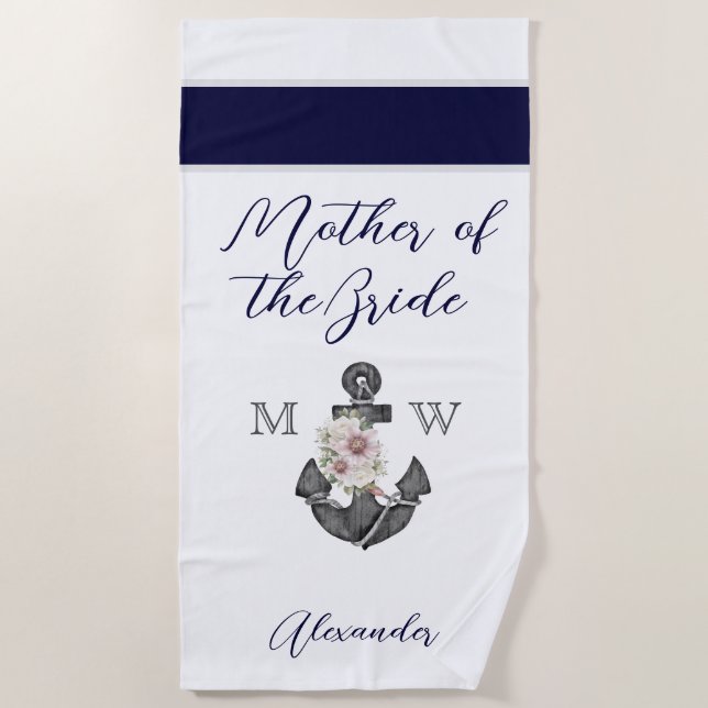 Nautical Wedding Floral Anchor Navy Mother of  Beach Towel (Front)