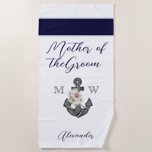 Nautical Wedding Floral Anchor Navy Mother of Beach Towel