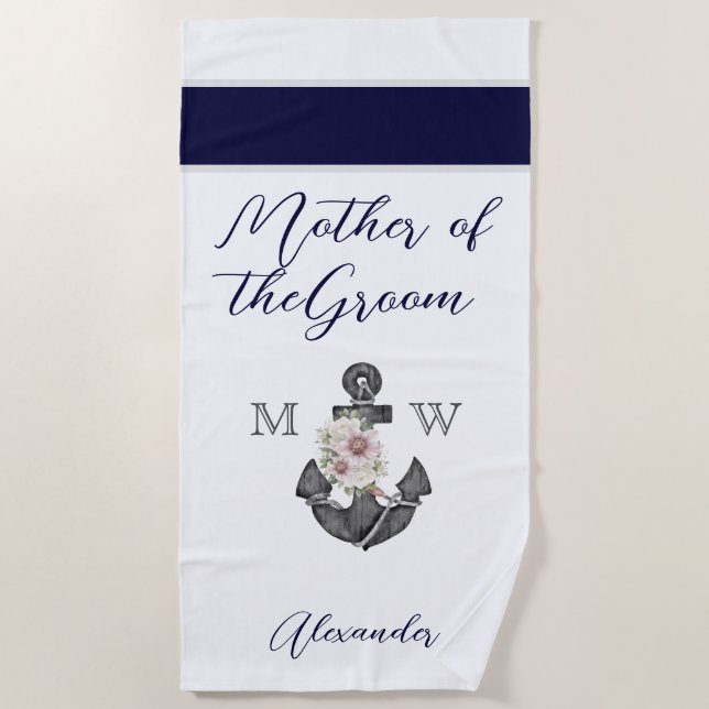 Nautical Wedding Floral Anchor Navy Mother of  Beach Towel (Front)
