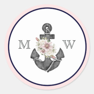 Nautical Wedding Floral Anchor Pink and Navy  Classic Round Sticker