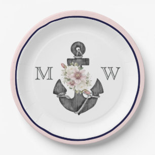 Nautical Wedding Floral Anchor Pink and Navy  Paper Plate