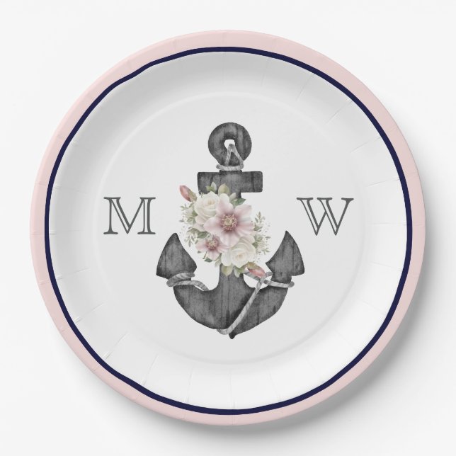 Nautical Wedding Floral Anchor Pink and Navy  Paper Plate (Front)
