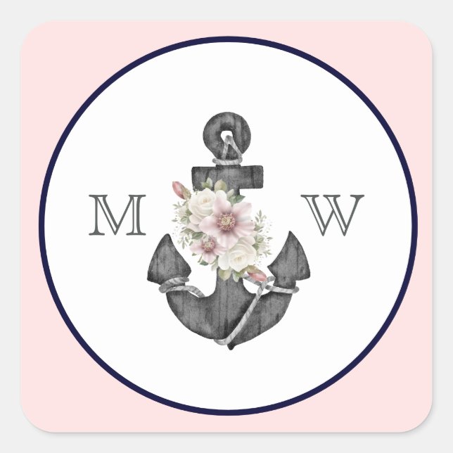 Nautical Wedding Floral Anchor Pink and Navy  Square Sticker (Front)