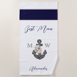 Nautical Wedding Floral Anchor Pink Navy Bestman Beach Towel