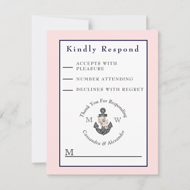 Nautical Wedding Floral Anchor  Pink Navy Blue RSVP Card (Front)