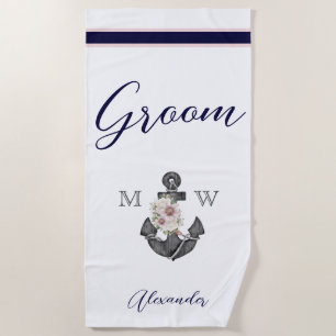 Nautical Wedding Floral Anchor Pink Navy Brides Beach Towel