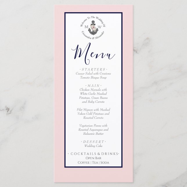 Nautical Wedding Floral Anchor Pink Navy Grey Menu (Front)