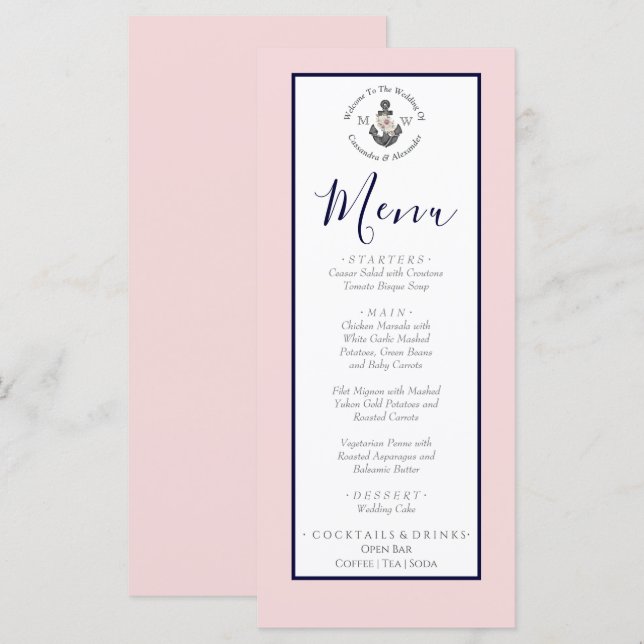 Nautical Wedding Floral Anchor Pink Navy Grey Menu (Front/Back)