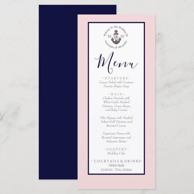 Nautical Wedding Floral Anchor Pink Navy Grey Menu (Front/Back)