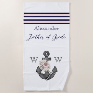 Nautical Wedding Floral Anchor Pink Navy Groom Beach Towel