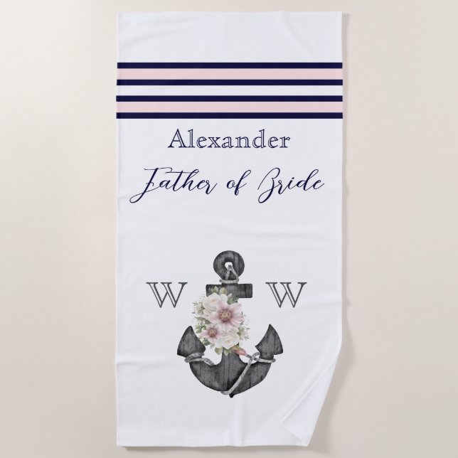 Nautical Wedding Floral Anchor Pink Navy Groom Beach Towel (Front)