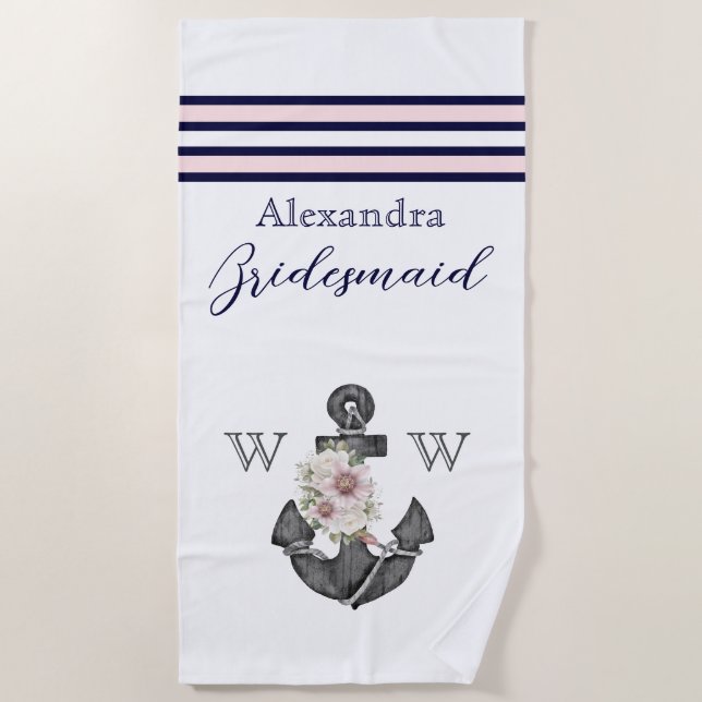 Nautical Wedding Floral Anchor Pink Navy Groom Beach Towel (Front)