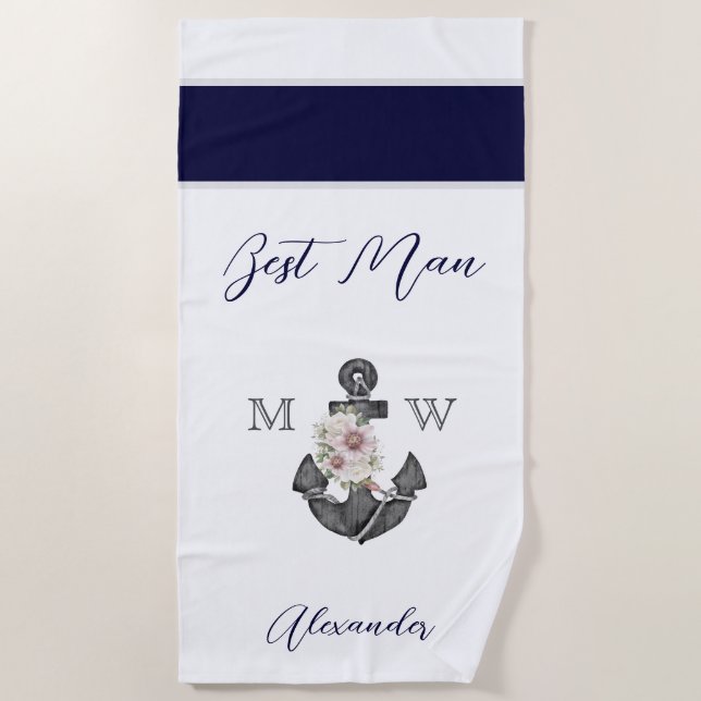 Nautical Wedding Floral Anchor Pink Navy Groomsman Beach Towel (Front)