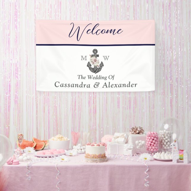 Nautical Wedding Floral Anchor Pink Navy Welcome Banner (Party)
