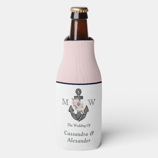 Nautical Wedding Floral Anchor Pink Navy Welcome  Bottle Cooler (Bottle Front)