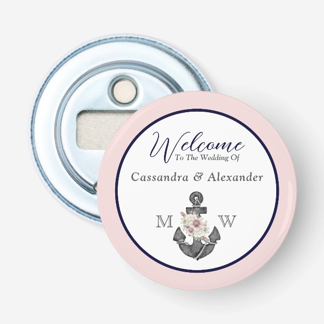 Nautical Wedding Floral Anchor Pink Navy Welcome  Bottle Opener (Front)
