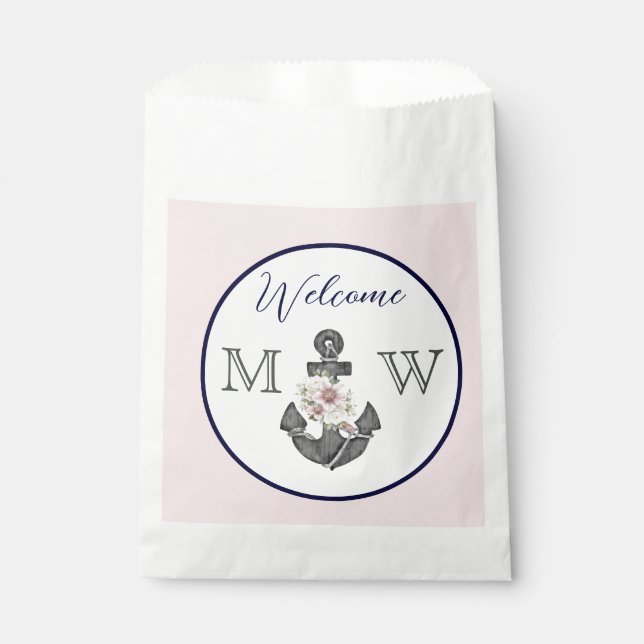 Nautical Wedding Floral Anchor Pink Navy Welcome  Favour Bags (Front)