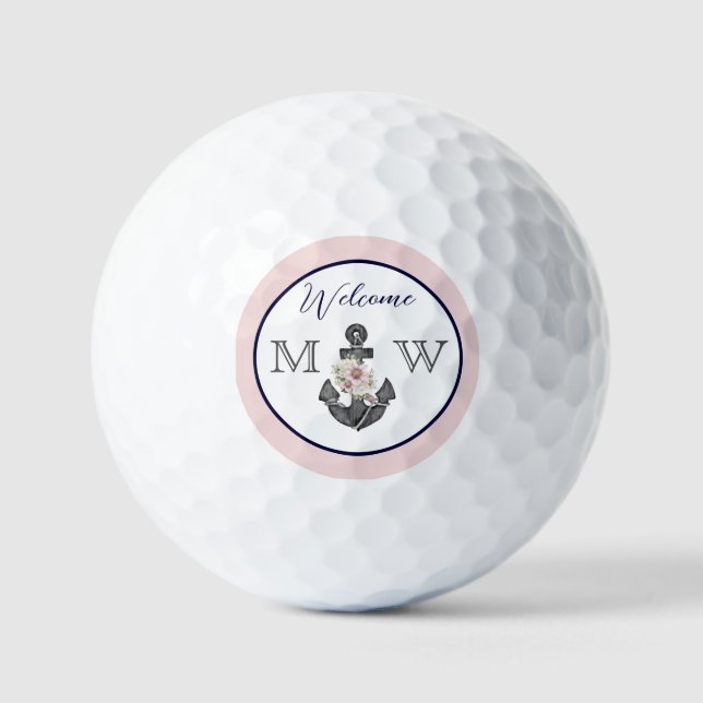 Nautical Wedding Floral Anchor Pink Navy Welcome  Golf Balls (Front)