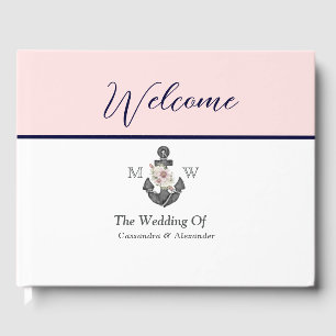 Nautical Wedding Floral Anchor Pink Navy Welcome Guest Book