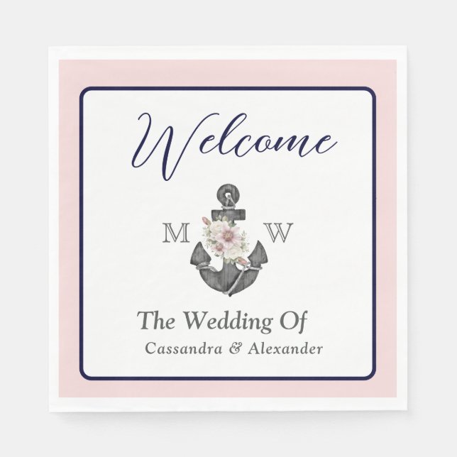 Nautical Wedding Floral Anchor Pink Navy Welcome  Napkin (Front)