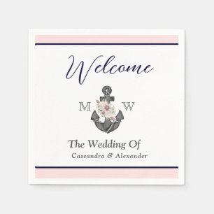 Nautical Wedding Floral Anchor Pink Navy Welcome Napkin