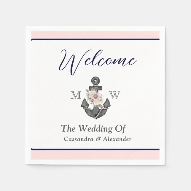 Nautical Wedding Floral Anchor Pink Navy Welcome Napkin (Front)