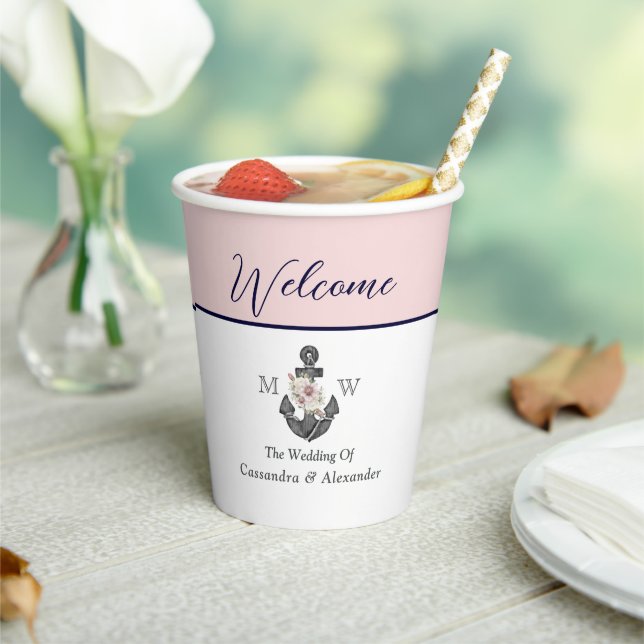 Nautical Wedding Floral Anchor Pink Navy Welcome  Paper Cups (Insitu)
