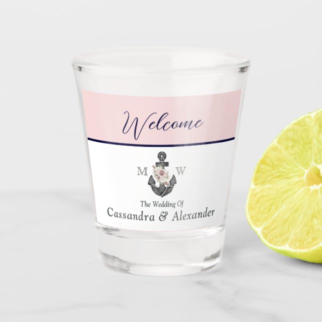 Nautical Wedding Floral Anchor Pink Navy Welcome  Shot Glass (Front)