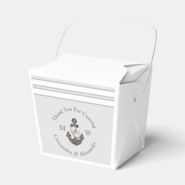 Nautical Wedding Floral Anchor Silver Grey Favour Box (Front Side)