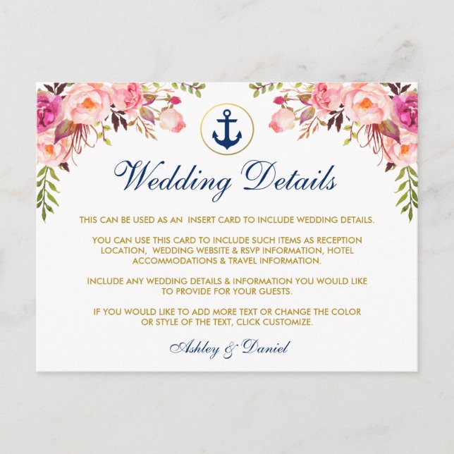 Nautical Wedding Floral Details Blue Insert Card P (Front)