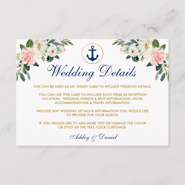Nautical Wedding Floral Gold Details Insert Card (Front)
