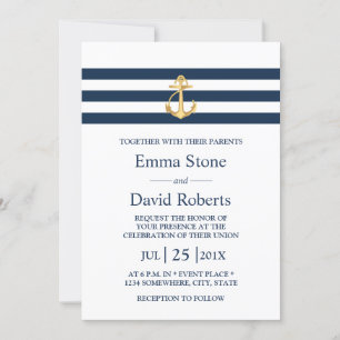 Nautical Wedding Gold Anchor Navy Stripes Invitation