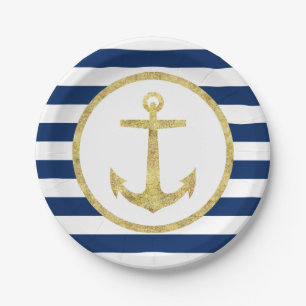 Nautical Wedding Gold Anchor Royal Blue Stripes Paper Plate