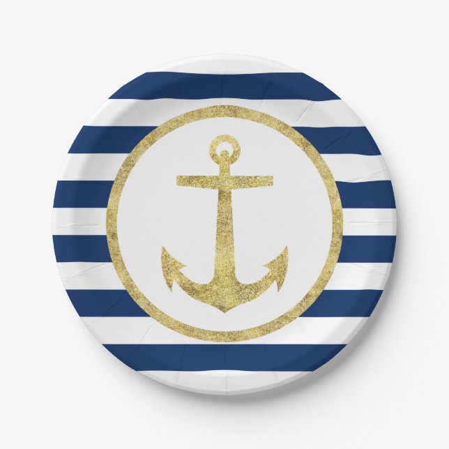 Nautical Wedding Gold Anchor Royal Blue Stripes Paper Plate (Front)