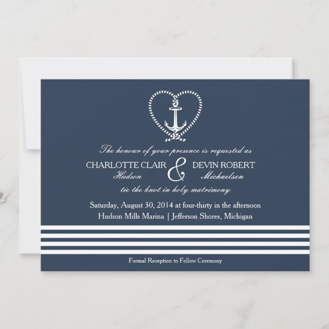 Nautical Wedding Invitation, Achor Rope Heart Knot Invitation (Front)