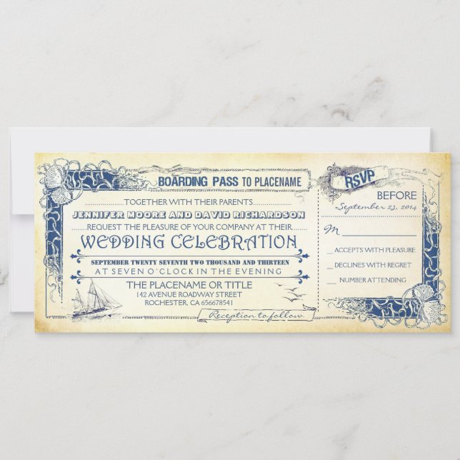 Nautical Wedding Invitation Boarding Pass Tickets (Front)