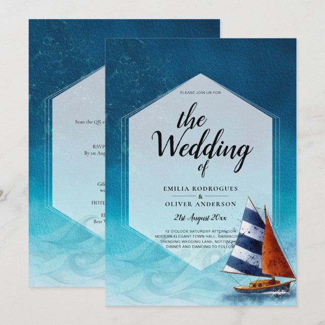 Nautical Wedding Invitation with Sailing Boat (Front/Back)