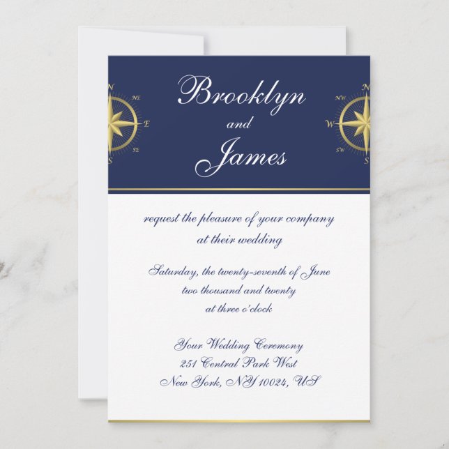 Nautical Wedding Invitations Gold Compass (Front)