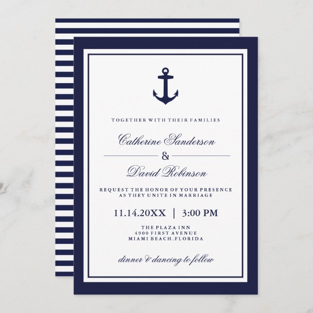 Nautical Wedding Invitations with Navy Stripes (Front/Back)