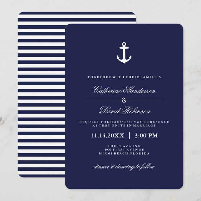 Nautical Wedding Invitations with Navy Stripes (Front/Back)