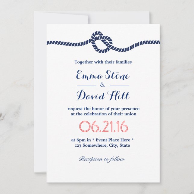 Nautical Wedding Minimalist Navy Tying the Knot Invitation (Front)