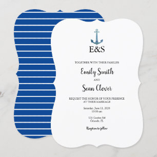 Nautical Wedding Monogram Blue Stripe Invitation