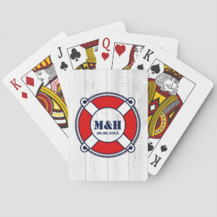 Nautical wedding monogram lifebuoy logo desk of playing cards