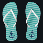 Nautical wedding monogram striped beach flip flops<br><div class="desc">Nautical wedding monogram striped beach flip flops. Aqua Turquoise blue monogram striped pattern flipflops with sailing boat / ship anchor. Custom background colour and personalised name initials. Modern trendy maritime stripe design sandals. Cute party favour for beach theme wedding, marriage, bridal shower, engagement, anniversary, birthday, bbq etc. Stripes print flipflops...</div>