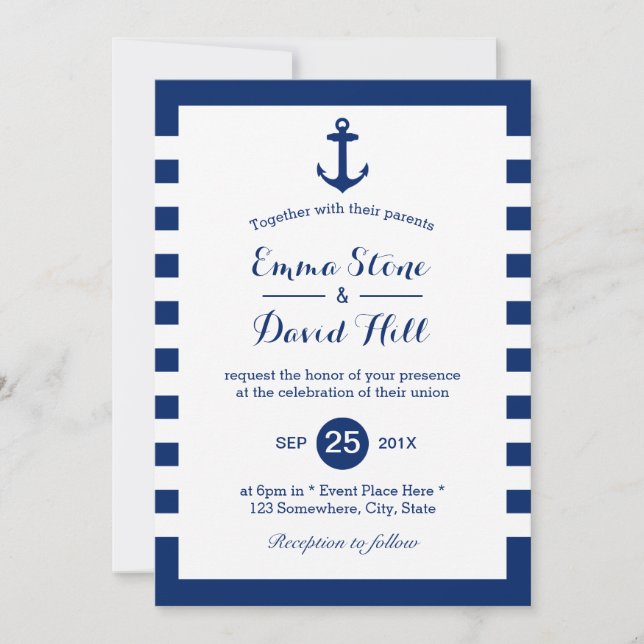 Nautical Wedding Navy Blue Anchor & Stripes Invitation (Front)