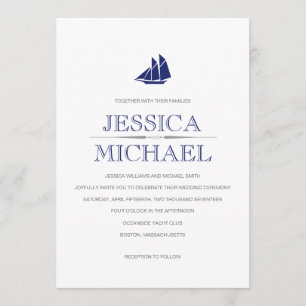 Nautical Wedding Navy Blue Boat With Sails Custom Invitation