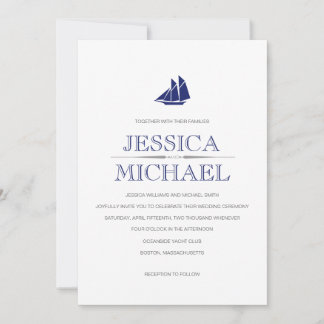 Nautical Wedding Navy Blue Boat With Sails Custom Invitation
